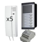 Interphone automatique avec système analogique 4+n, pour communautés complet : plaque de rue, téléphones, boîte d'encastrement et source d'alimentation. Haute qualité de fabrication (5 logements)