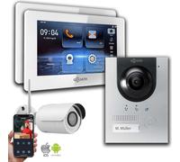 Interphone avec caméra Goliath IP 2 fils 2 moniteurs 1 caméra IP : 7 pouces en blanc : Boîte d'encastrement Sélection du moniteur : 7 pouces en blanc Sonnette de porte Boîte de montage : Boîte d'encas
