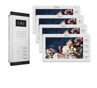 Interphone vidéo Filaire pour Appartement, 2/3/4/5/6/8/10/12 unités, Sonnette vidéo de 7 Pouces, Déverrouillage d'un Seul clic, Audio bidirectionnel (1 Sonnette + 4 Moniteur)