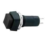 Interrupteur à bouton-poussoir 18 x 18 mm, fonction ON-OFF, bouton noir, unipolaire, 2 positions, carré, trou 12 mm, fixation à vis, par panneau, portée 12 V, 220 V, 230 V, 1 A, contacts à souder