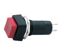Interrupteur à bouton-poussoir 18 x 18 mm, fonction ON-OFF, bouton rouge, unipolaire, 2 positions, carré, trou 12 mm, fixation à vis, par panneau, portée 12 V, 220 V, 230 V, 1 A, contacts à souder