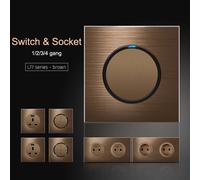 Interrupteur à bouton-poussoir en aluminium brossé, série marron, panneau de prise britannique Hong Kong, prise murale standard britannique pour usage domestique Double FR socket