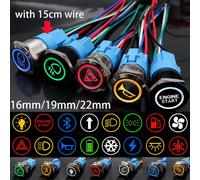Interrupteur à bouton-poussoir en métal personnalisé, 16/19/22mm, avec prise, démarrage et arrêt, pour voiture, bateau, brouillard, noir/argent, lumière LED étanche, 12V 24V Flat head with wire
