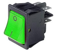 Interrupteur bipolaire à bascule DPST bipolaire ON-OFF avec bouton lumineux vert et bornes faston 6,35 mm, trou de montage 29 x 22 mm, 250 V 16 A