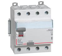 Interrupteur différentiel DX³-ID arrivée haute et départ bas à vis 4P 400 V type AC 4 modules 30 mA 63 A LEGRAND 411662