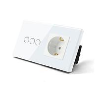 Interupteur Murale,Interrupteur Standard 3 Gang Light Touch Switch avec prise murale Home Structure de l'écran Panneau d'alimentation verre Rétroéclairage(White)