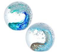 INTERWARM 2 Boule en Verre Soufflé à la Main Figurine en Cristal Bleu Représentant Une Vague Océanique Presse Papier Sphérique en Cristal Œuvre d'art pour la Décoration Nautique de la Maison