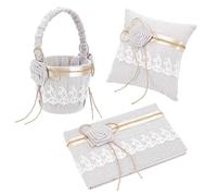 INTERWARM 3 panier Rustique en Toile de Jute pour Demoiselle D'Honneur Panier de Fleurs de Mariage avec Livre D'Or en Lin Ensemble de Coussins Porte Alliances 3 Style (Dentelle Ancienne)