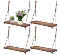 INTERWARM 4 étagère Murale Décorative de Style Nautique Rustique Étagères Flottantes Suspendues en Corde de 40x15x35cm pour Salon de Bain et 8 Crochet à Vis en Acier au Carbone (Marron Selle)