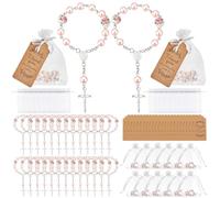 INTERWARM 50 Ensembles chapelet de Baptême Rose Mini Chapelets en Guise de Cadeaux de Baptême (avec un Sachet Cadeau en Organza et une Carte de Remerciement en Papier Kraft) Parfaits pour Mariages