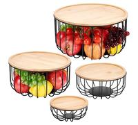 INTERWARM Ensemble de 4 panier à Fruits pour Comptoir de Cuisine Panier à Fruits Rond de Taille 4 avec Couvercle en Bois Bac de Comptoir pour Fruits et Légumes Citron Banane Candy(Noir)