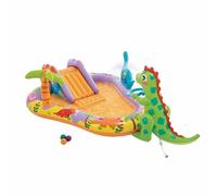 Intex Dino Park Centre de Jeux Aquatiques Gonflable, Toboggan avec Base rembourrée, arroseur d'eau, 54 kg Max, 201 x 157 x 69 cm, kit de réparation (56139)