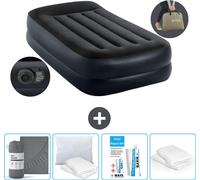 Intex Lit à air - 1 personne - 99 x 191 x 42 cm - Bleu - Pompe incluse - Drap housse - Baiser - Kit de réparation et protection d'oreiller