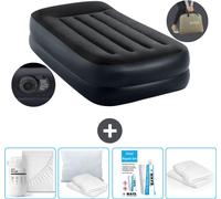 Intex Lit à air - 1 personne - 99 x 191 x 42 cm - Bleu - Pompe incluse - Drap housse - Baiser - Kit de réparation et protection d'oreiller