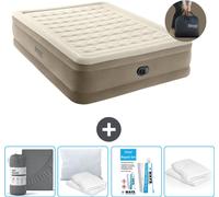Intex Lit à air - 2 personnes - 152 x 203 x 46 cm - Beige - Pompe incluse - Drap housse - Baiser - Kit de réparation et protection d'oreiller