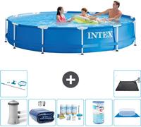 Intex Piscine à cadre rond - 366 x 76 cm - Bleu - pompe incluse Voile de soleil - kit de maintenance - filtre - bâche de fond - kit de nettoyage - tapis solaire