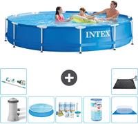 Intex Piscine à cadre rond - 366 x 76 cm - Bleu - pompe incluse Voile de soleil - kit d'entretien - filtre - bâche de fond - aspirateur - tapis solaire