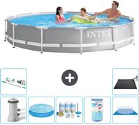 Intex Round Prism Frame Piscine - 366 x 76 cm - Grise - pompe incluse Voile de soleil - kit d'entretien - filtre - bâche de fond - aspirateur - tapis solaire