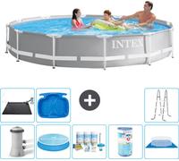 Intex Round Prism Frame Piscine - 366 x 76 cm - Grise - pompe incluse Voile de soleil - kit d'entretien - filtre - bâche de fond - tapis solaire - échelle