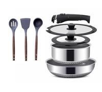INTIGNIS® GREBLON® Batterie de cuisine 8 pièces en acier inoxydable - Poêle profonde de 28 cm (4,5 L) + casserole de 20 cm (2 L) avec couvercles en verre, poignée amovible unique, céramique GREBLON®