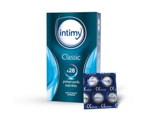 INTIMY 28 Préservatifs Classic Homme Lubrifiés - Plaisir, Confort | Sécurité sans Altération des Sensations, Latex de Qualité Supérieure, Avec Réservoir - Taille Standard - Marque Française