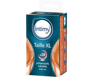INTIMY 28 Préservatifs XL pour Homme Lubrifiés - Plaisir et Confort | Extra Larges, Maximum de Sécurité sans Altération des Sensations, Latex de Qualité Supérieure - Marque Française