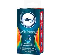 INTIMY - Mix Plaisirs - x14 - Assortiment de préservatifs lubrifiés - 5 sensations différentes - Intense, Fraise, Menthe, Fin et Classic - Latex de Caoutchouc Naturel - Sécurité et Qualité