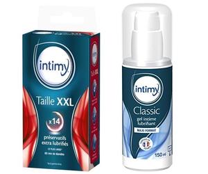 INTIMY - Préservatifs taille XXL, x14 - Préservatifs Extra Large Lubrifiés Avec Réservoir - Surface Lisse - Latex de Qualité Supérieure & GEL LUBRIFIANT INTIME CLASSIC, 150 ml - Gel lubrifiant intime