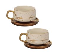 Intirilife 2x tasse en céramique au design marbré en blanc - env. 200 ml - tasse à café, tasse à thé avec soucoupe en bois tasse, gobelet pour café, thé, lait, cacao et bien plus encore