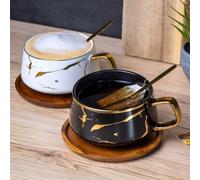 Intirilife 2x tasse en céramique au design marbré en noir - env. 200 ml - Tasse à café, tasse à thé avec soucoupe en bois Mug, tasse à boire pour café, thé, lait, cacao et bien plus encore