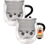 Intirilife 2x Thermo Verre à double paroi avec design chat en noir - 200ml de contenance - Tasses isolées en verre résistant à la chaleur pour boissons froides et chaudes Tasse à café Tasse à thé Verr