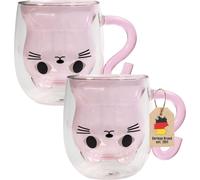 Intirilife 2x Thermo Verre à double paroi avec design chat en rose - 200ml de contenance - Tasses isolées en verre résistant à la chaleur pour boissons froides et chaudes Tasse à café Tasse à thé Verr