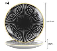 Intirilife 4x Assiette en porcelaine Motif Rayé - Noir Blanc - Diamètre 20.5 cm - Assiette petit déjeuner Assiette à dessert Assiette de service pour salade Fruits Pâtes Dessert Plat principal et snac