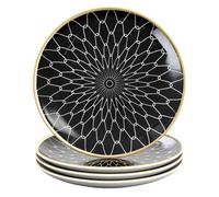 Intirilife 4x Assiette en porcelaine Motif Relié - Noir Blanc - Diamètre 20.5 cm - Assiette petit déjeuner Assiette à dessert Assiette de service pour salade Fruits Pâtes Dessert Plat principal et sna