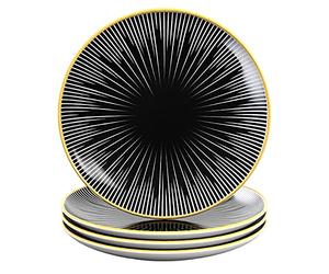 Intirilife 4x Assiettes en porcelaine en Rayé - Noir Blanc avec Diamètre 20.5 cm - Assiette pour petit-déjeuner, à dessert, de service pour salade de fruits Pâtes Dessert Plat principal et snacks