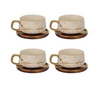 Intirilife 4x Tasse en céramique au design marbré en blanc - env. 200 ml - Tasse à café, tasse à thé avec soucoupe en bois Tasse, gobelet pour café, thé, lait, cacao et bien plus encore