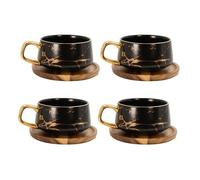 Intirilife 4x Tasse en céramique au design marbré en noir - env. 200 ml - Tasse à café, tasse à thé avec soucoupe en bois Mug, tasse à boire pour café, thé, lait, cacao et bien plus encore