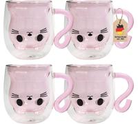Intirilife 4x Thermo Verre à double paroi avec design chat en rose - 200ml de contenance - Tasses isolées en verre résistant à la chaleur pour boissons froides et chaudes Tasse à café Tasse à thé Verr