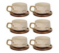 Intirilife 6x Tasse en céramique au design marbre en blanc - env. 200 ml - Tasse à café, tasse à thé avec soucoupe en bois Tasse, gobelet pour café, thé, lait, cacao et bien plus encore