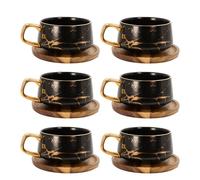 Intirilife 6x Tasse en céramique au design marbré en noir - env. 200 ml - Tasse à café, tasse à thé avec soucoupe en bois Mug, tasse à boire pour café, thé, lait, cacao et bien plus encore