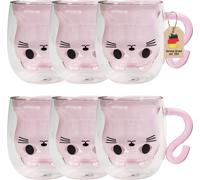 Intirilife 6x verre thermique double paroi avec design chat en rose - 200ml de contenance - Tasses isolées en verre résistant à la chaleur pour boissons froides et chaudes Tasse à café Tasse à thé Ver
