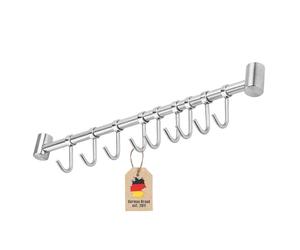 Intirilife Barre de suspension pour la cuisine en acier inoxydable avec 9 crochets mobiles pour percer - 49,8 x 3,4 x 2,2 cm - Crochet de cuisine pour ustensiles de cuisine - Porte-gobelet mural