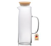 Intirilife Carafe avec Bouchon en CLAIR - 1,6l Carafe d’Eau en Verre Borosilicaté avec Poignée et Bouchon en Bambou Résistante à la Chaleur - Boissons Chaudes et Froides comme le Thé, le Café