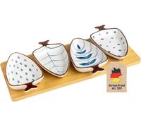 Intirilife Céramique Set de bols à tremper - 4 petits bols en forme de feuille avec un motif bleu et blanc et un plateau en bois - petits bols pour trempettes, snacks, entrées, desserts - Set de servi