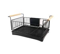 Intirilife Égouttoir à Vaisselle en Acier Inoxydable en Noir avec bac d'égouttage - 50 x 29 x 23.5 cm - avec poignées en Bois, Porte-Couverts, bac de récupération d'eau avec écoulement