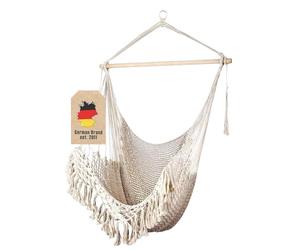 Intirilife Fauteuil Suspendu en Coton macramé Beige avec Bord frangé - Fauteuil Confortable et Respirant pour Adultes et Enfants à l'intérieur et à l'extérieur