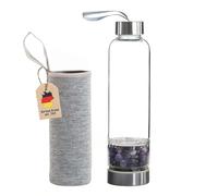 Intirilife Gourde Gourde avec pierres de guérison avec sac gris - Améthyste - Capacité 400 ml - Bouteille avec pierres précieuses minérales