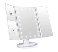 Intirilife Miroir de Maquillage à LED 22 lumières avec câble USB - 3 Volets, grossissement 1X/2X/3X - Lumière Naturelle réglable - Miroir cosmétique de Table Pliable, Design Blanc élégant.
