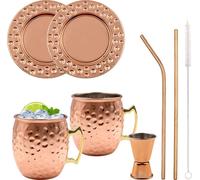 Intirilife Moscow Mule set de 2 gobelets- 450 ml- gobelets à cocktail -2 gobelets en cuivre,2 dessous de verre,2 pailles,1 mètre de bar & brosse de nettoyage & livre de recettes- gobelet en acier inox