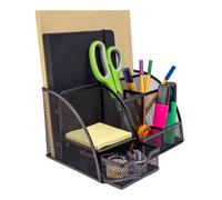Intirilife Organiseur de bureau en maille de fer noire - 22 x 14 x 13 cm - Organiseur de bureau avec plusieurs compartiments Porte-stylos Boîte pour fournitures de bureau Porte-étiquettes Rangement Po